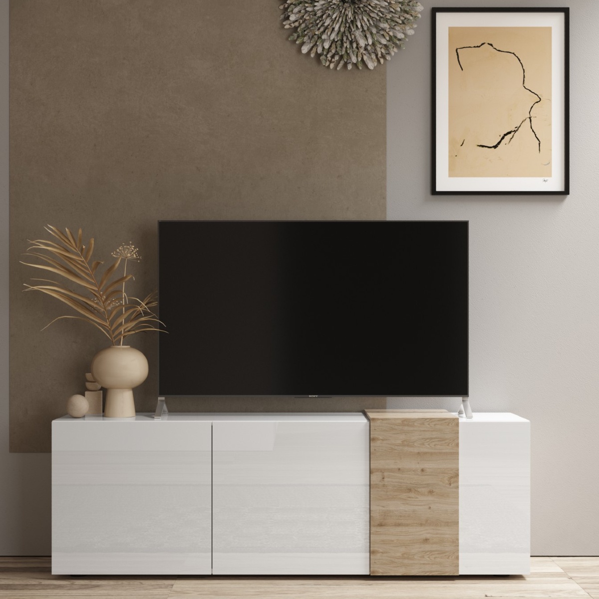 Meuble TV moderne bois et blanc 3 portes SIA