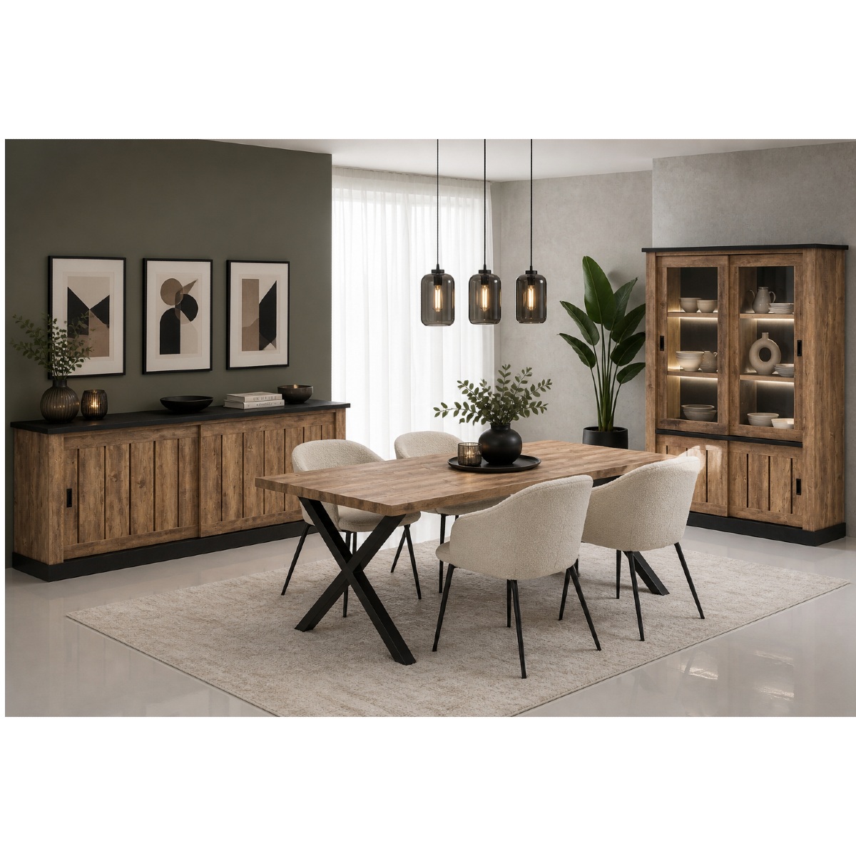 Salle à manger contemporaine avec buffet bois, vitrine vitrée et table pieds métal noir