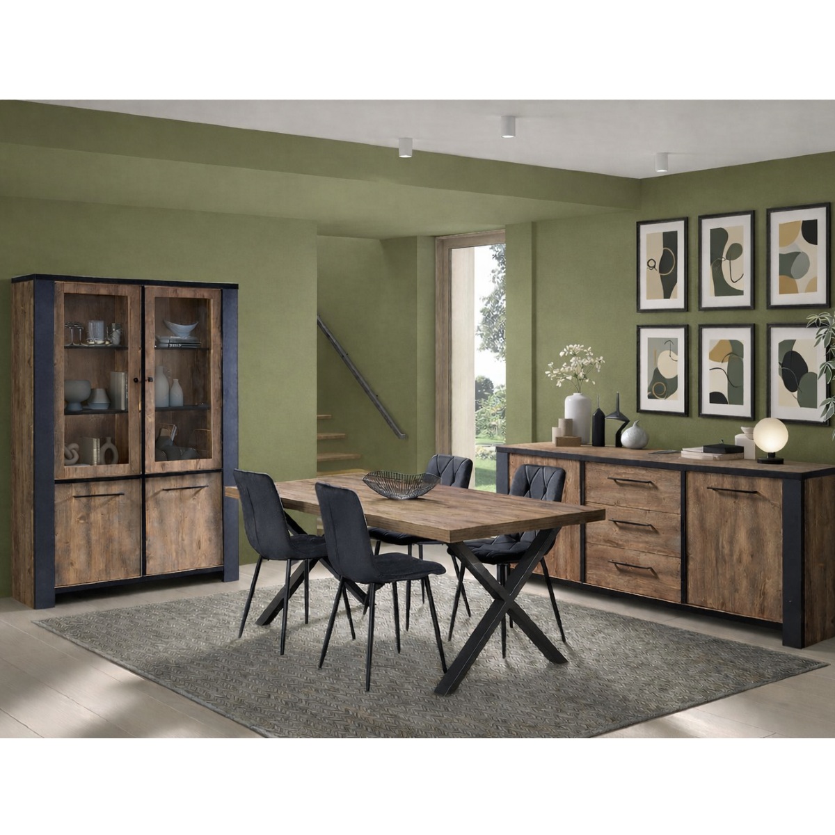 Salle manger complète bois et noir SAMANTHA (buffet + table 200cm)