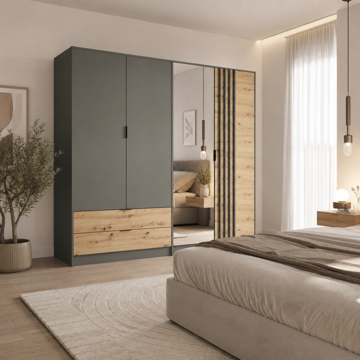 Armoire adulte moderne noir et bois avec miroir central 220 cm