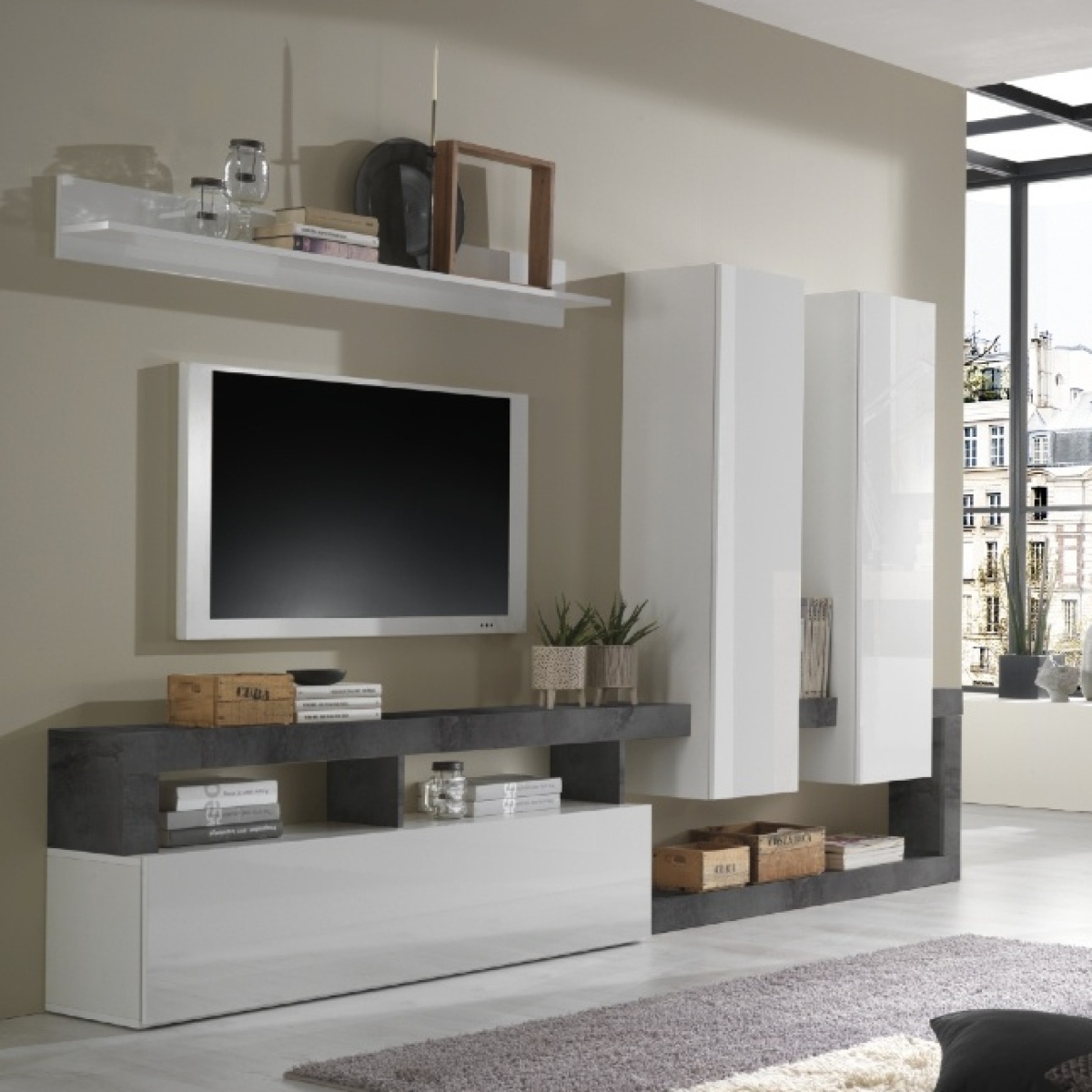 Ensemble tv mural laqué blanc et gris anthracite 280cm GAMA