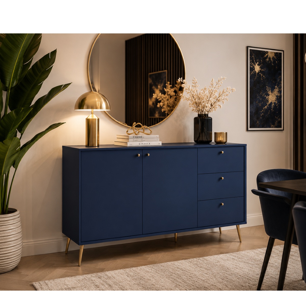 Buffet bleu foncé 2 portes 3 tiroirs avec pieds et poignées dorées