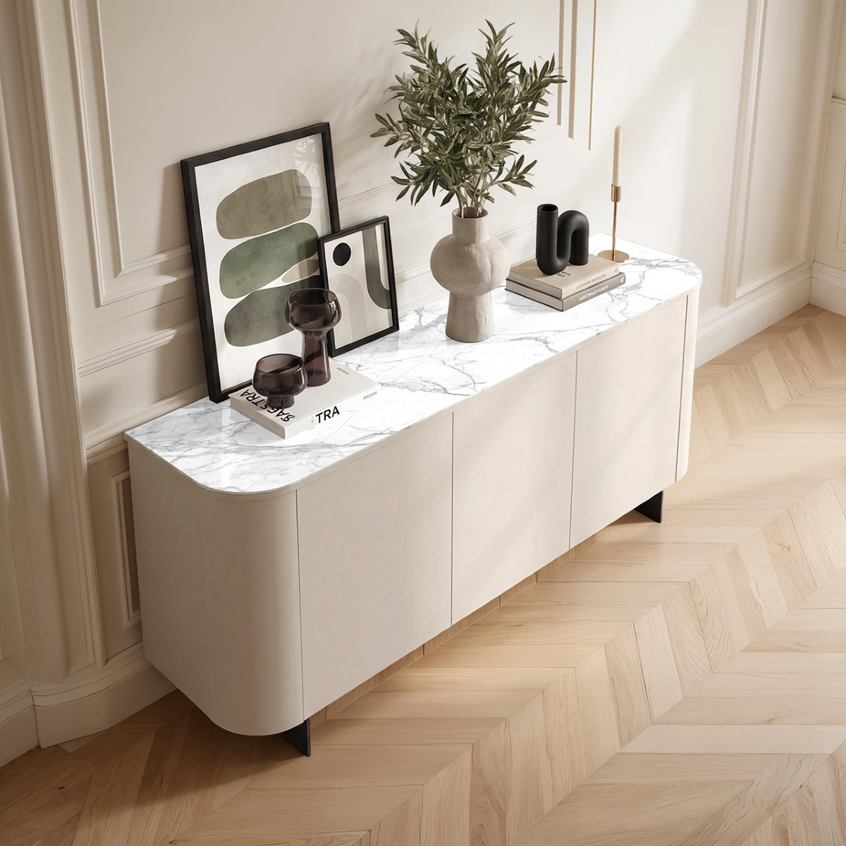 Buffet beige plateau marbre blanc