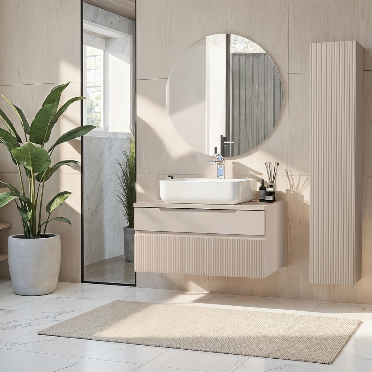 Ensemble meuble salle de bain suspendu avec vasque et colonne murale beige