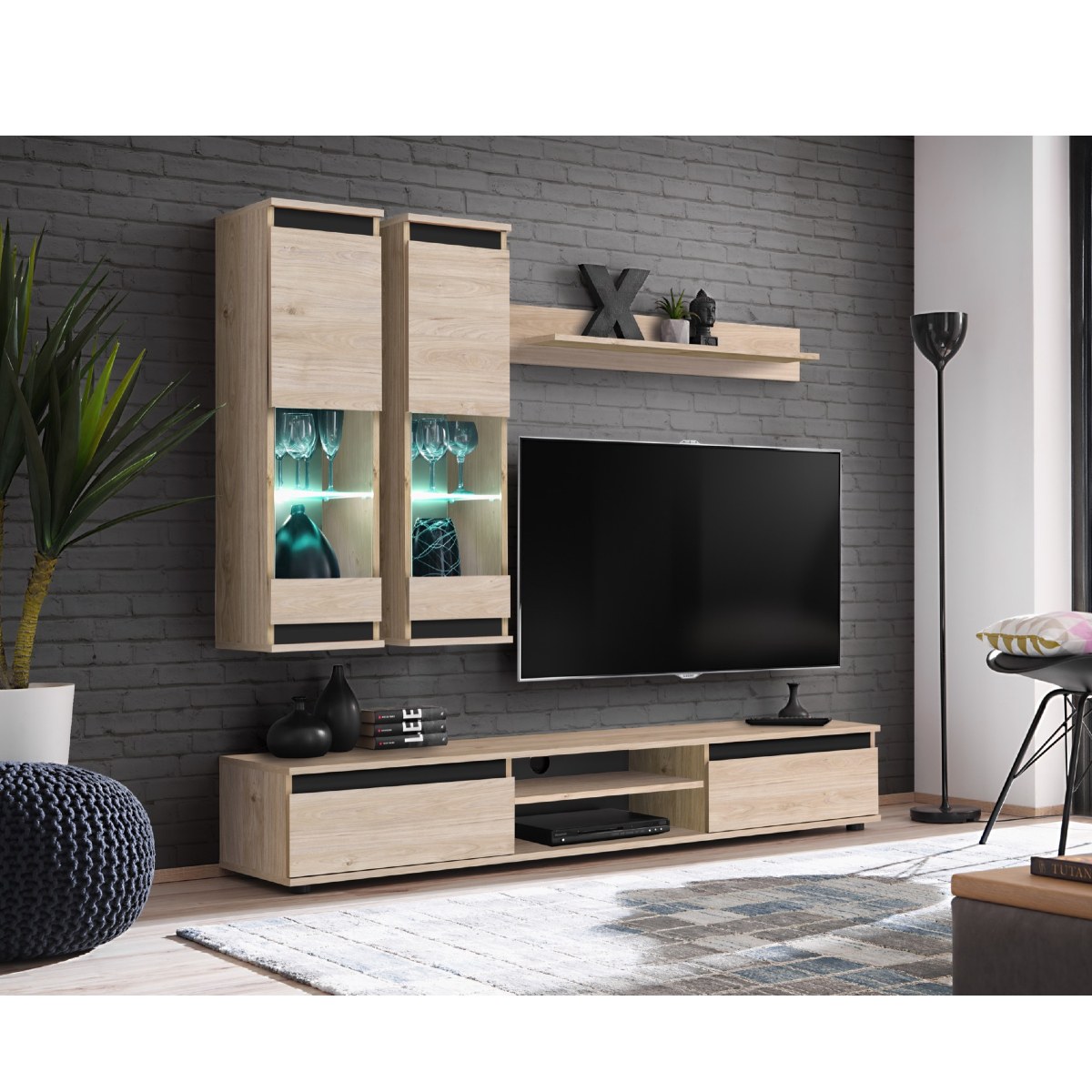 Ensemble TV mural moderne bois et noir avec vitrines OUDINI