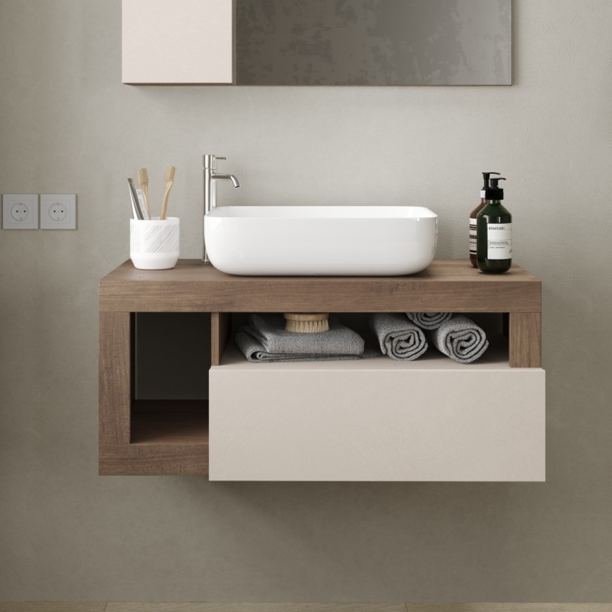 Meuble suspendu salle de bain coloris noyer et blanc L 90cm GAMA