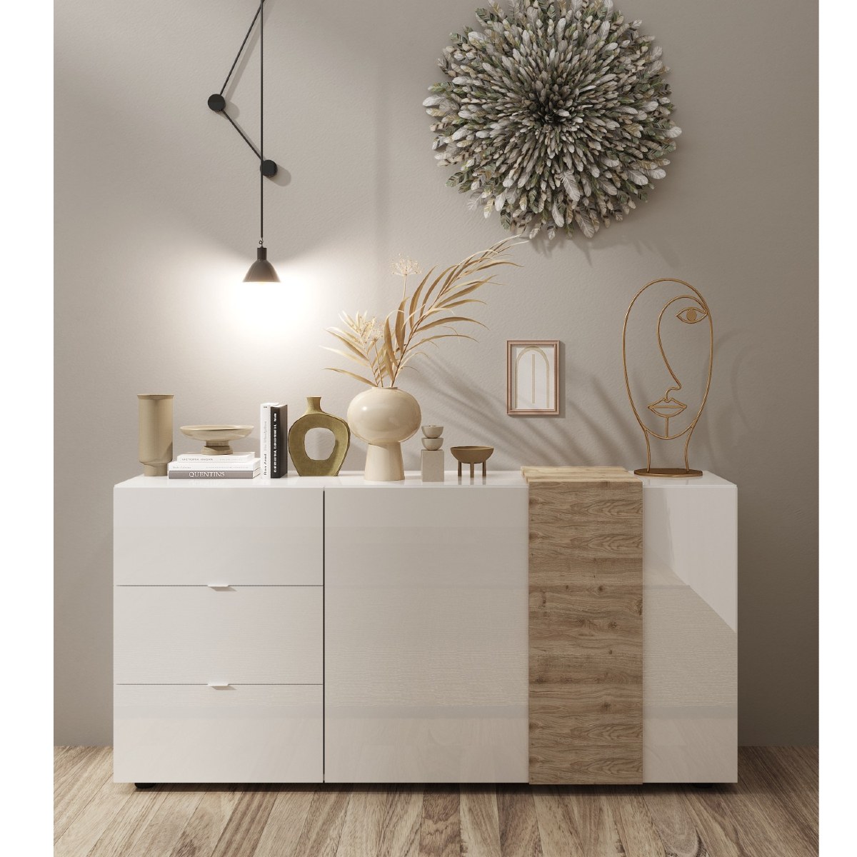 Buffet bas moderne blanc et bois 2 portes-3 tiroirs SIA