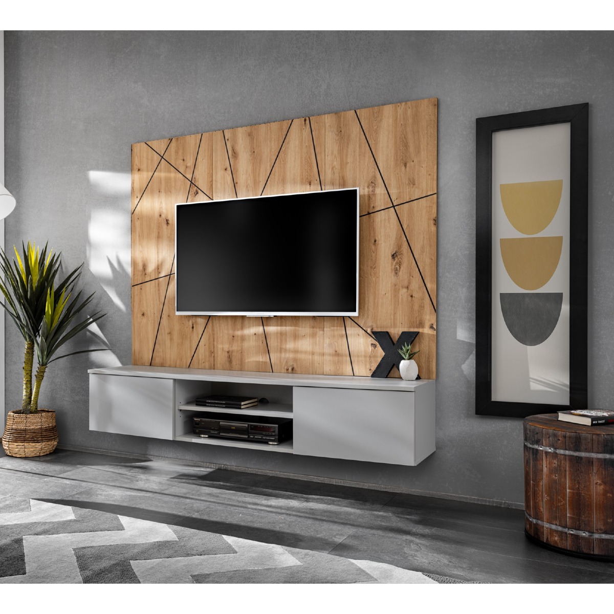 Meuble tv mural suspendu bois et gris GENES