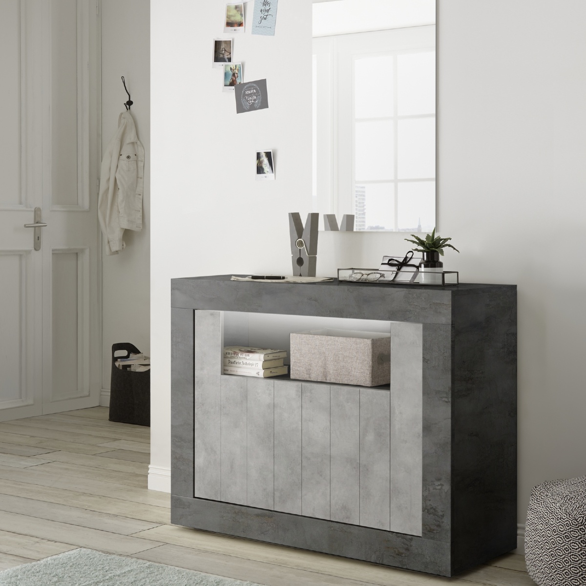 Buffet moderne gris oxyde et gris béton 2 portes 110cm NIO