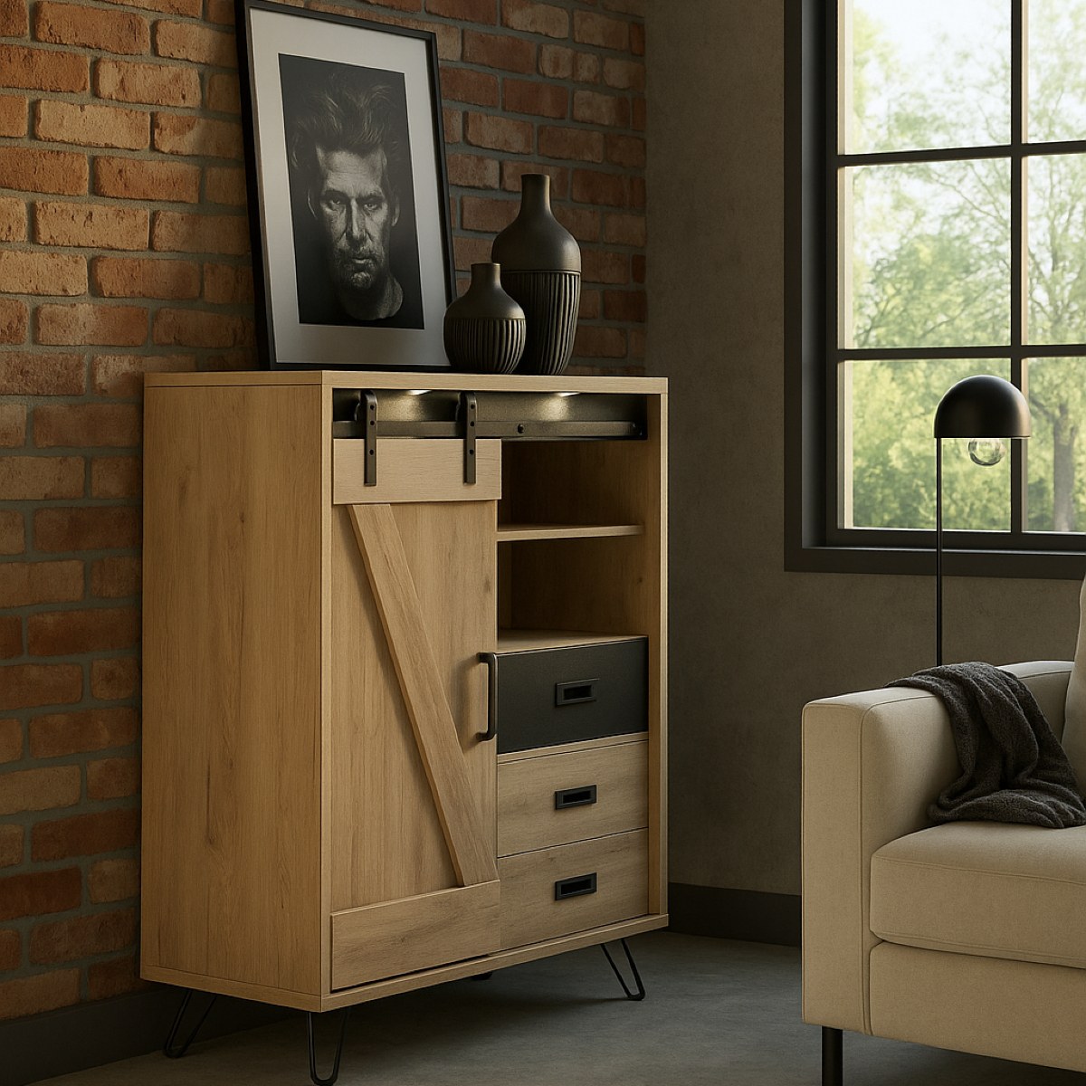 Buffet haut décor chêne avec LED 2 portes COSTA