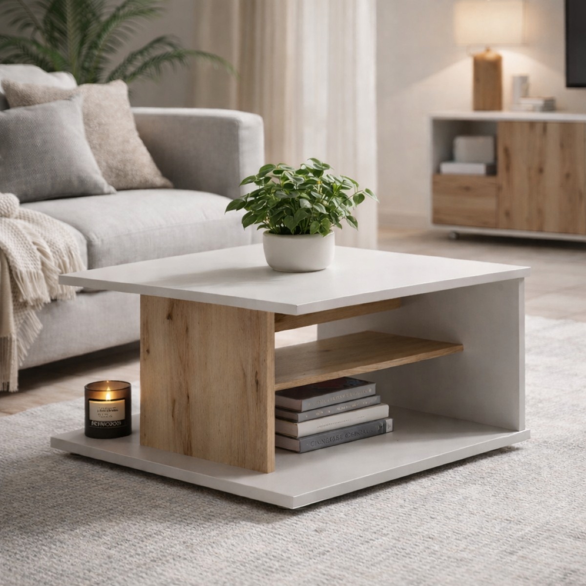 Table basse carré beige et bois 60cm MILA