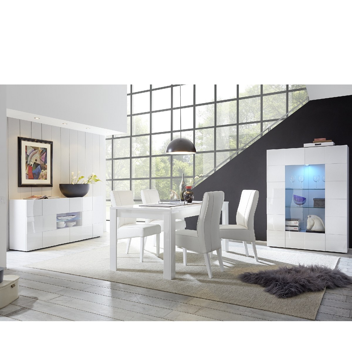 Salle à manger complète design laqué blanc MADO 2 avec LED