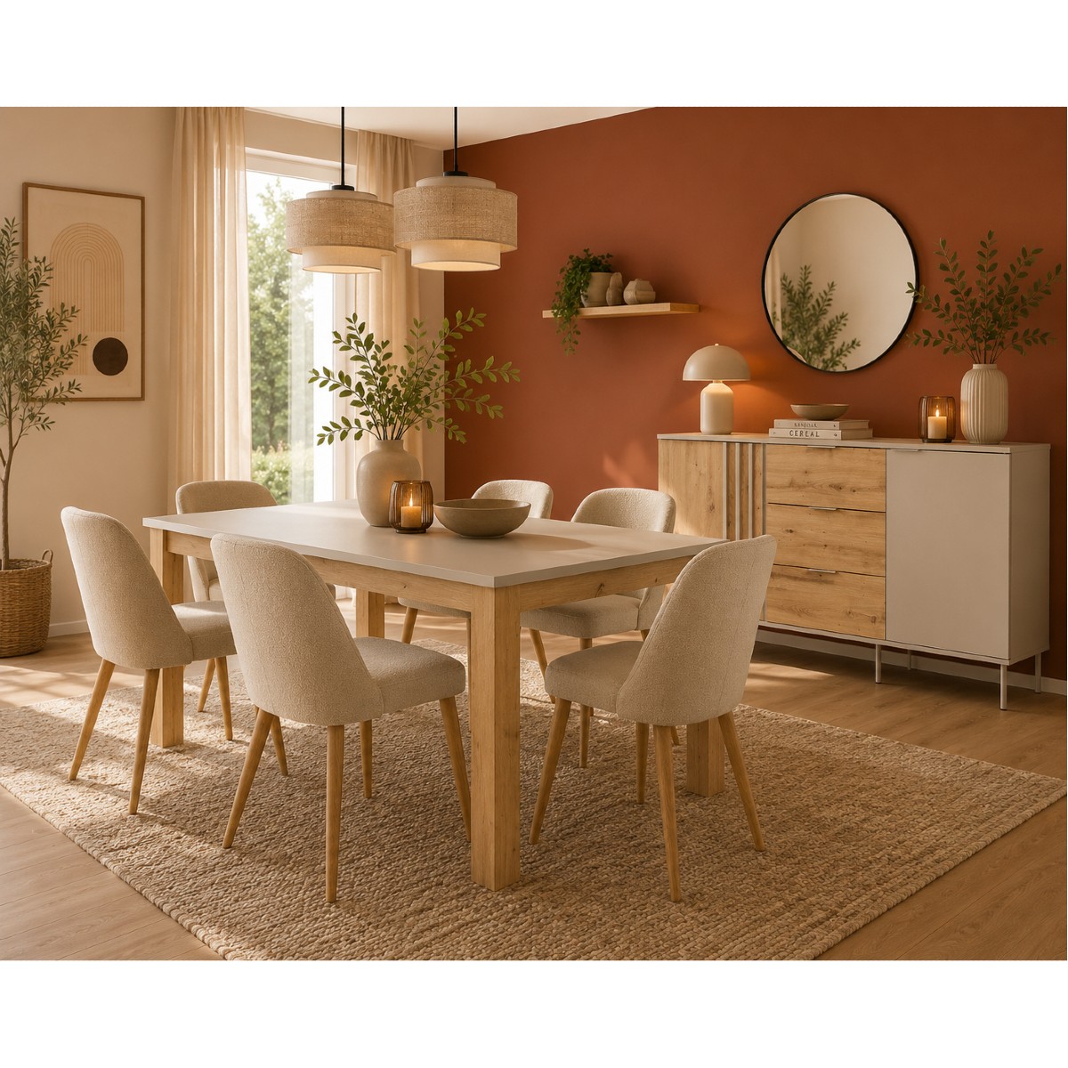 Salle à manger complète cachemire et bois avec table 180 cm et buffet moderne