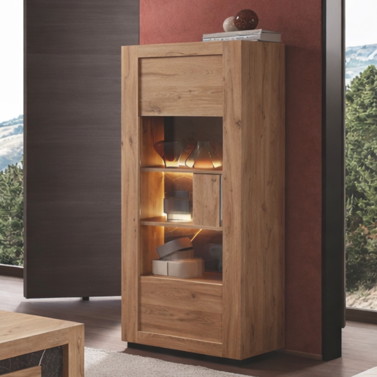 Vitrine moderne en bois 1 porte vitrée et LED RACHA