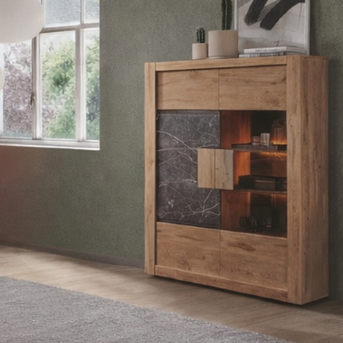 Vitrine moderne en bois avec portes vitrées et LED RACHA