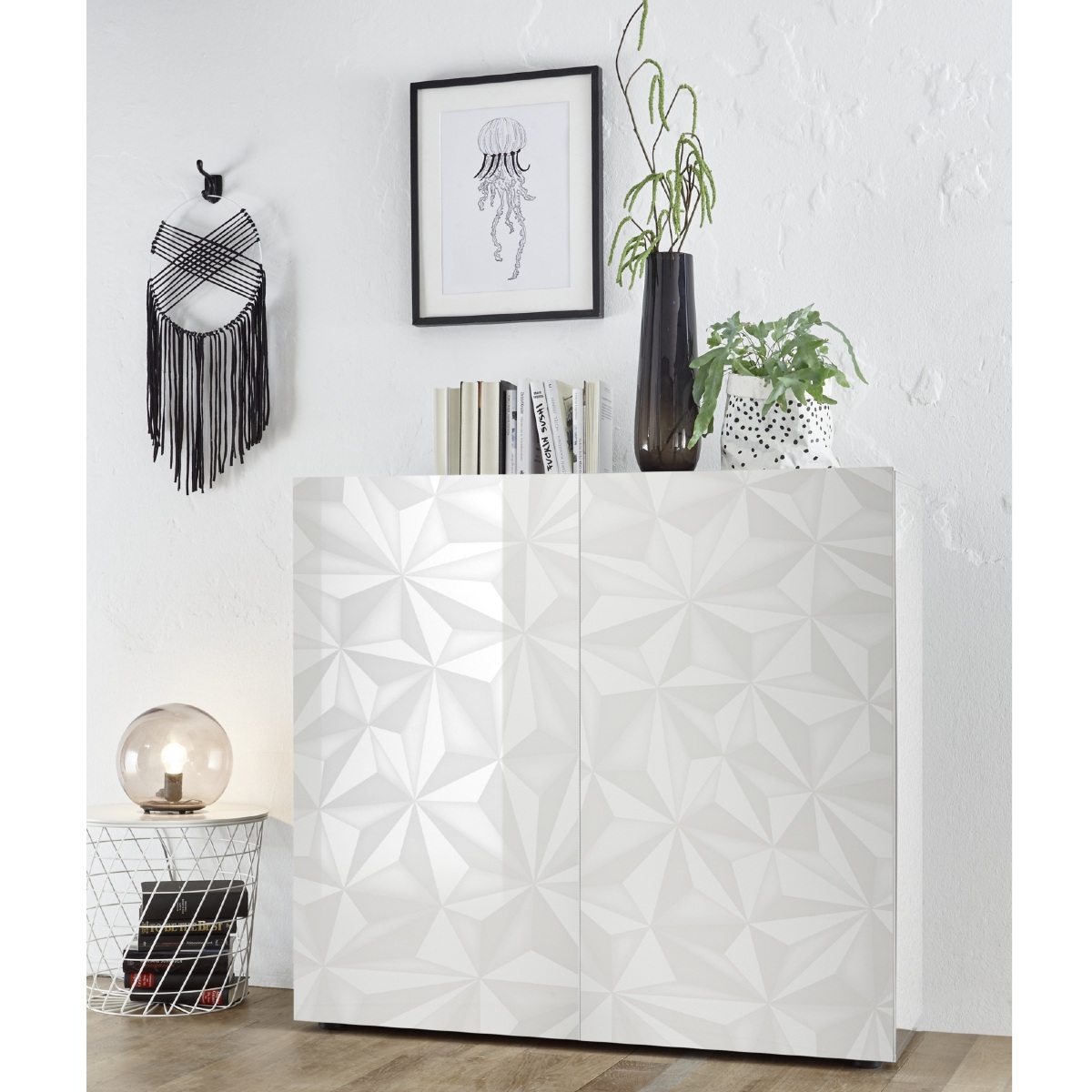 Buffet haut moderne laqué blanc 2 portes 120cm CAPRI