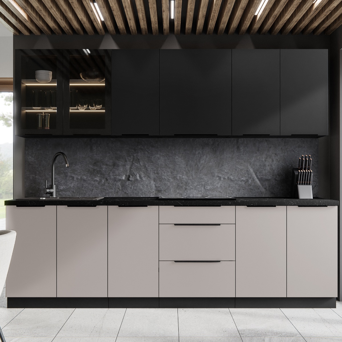 Cuisine complète moderne beige et noir 260cm MAO
