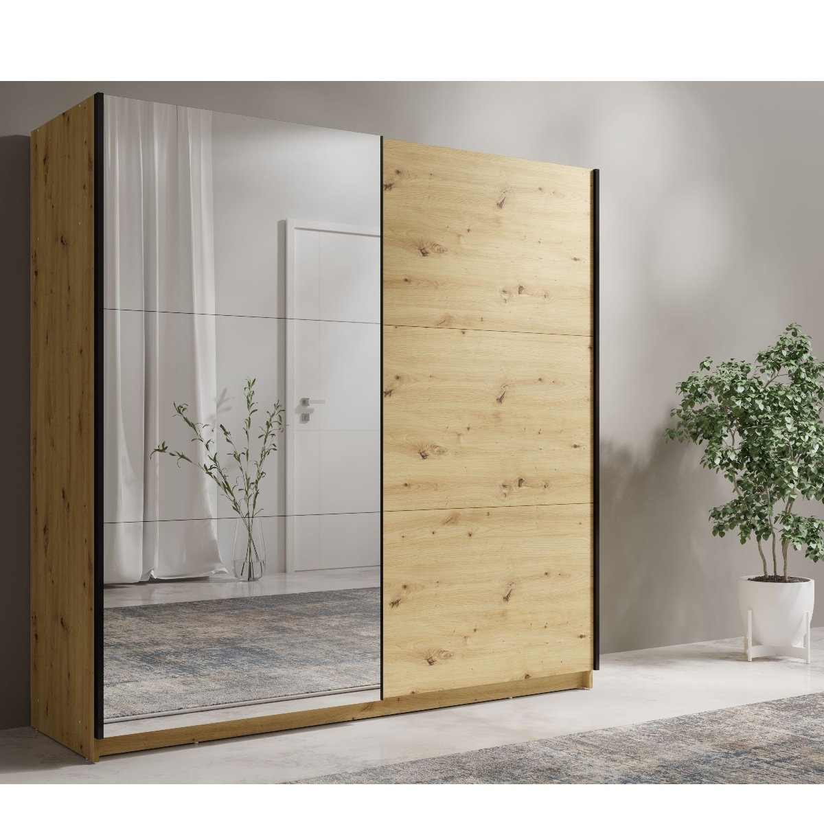 Armoire coulissante moderne en bois avec porte miroir pleine hauteur
