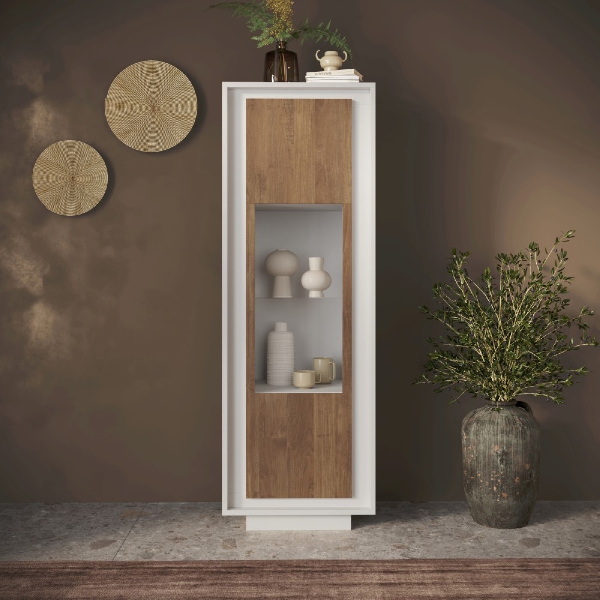 Vitrine bois et blanc porte vitrée