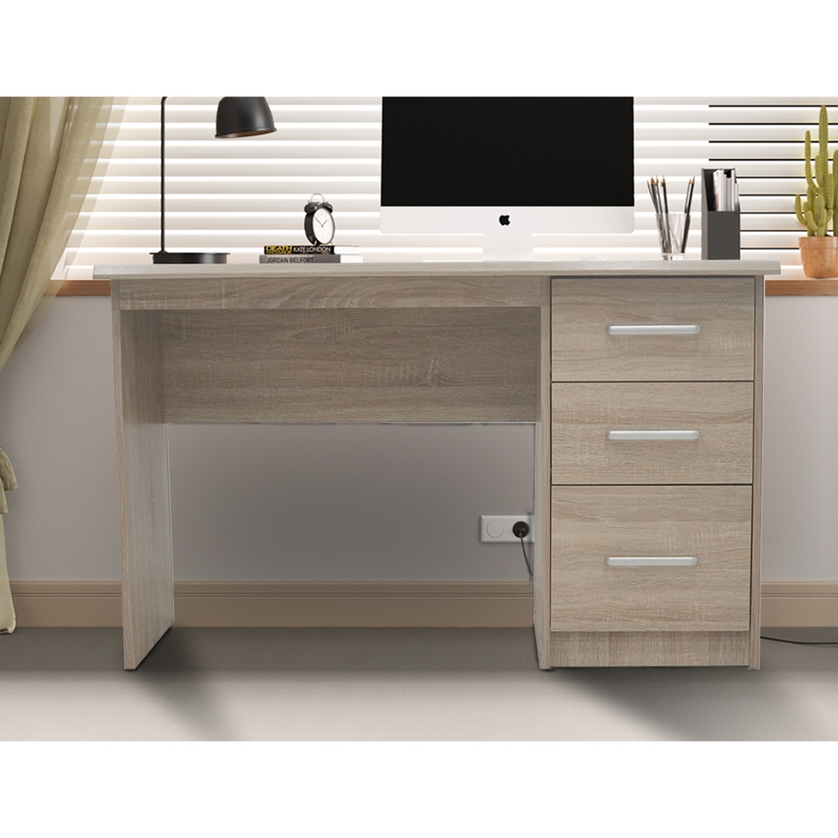 Bureau 120 cm couleur bois avec trois tiroirs de rangement