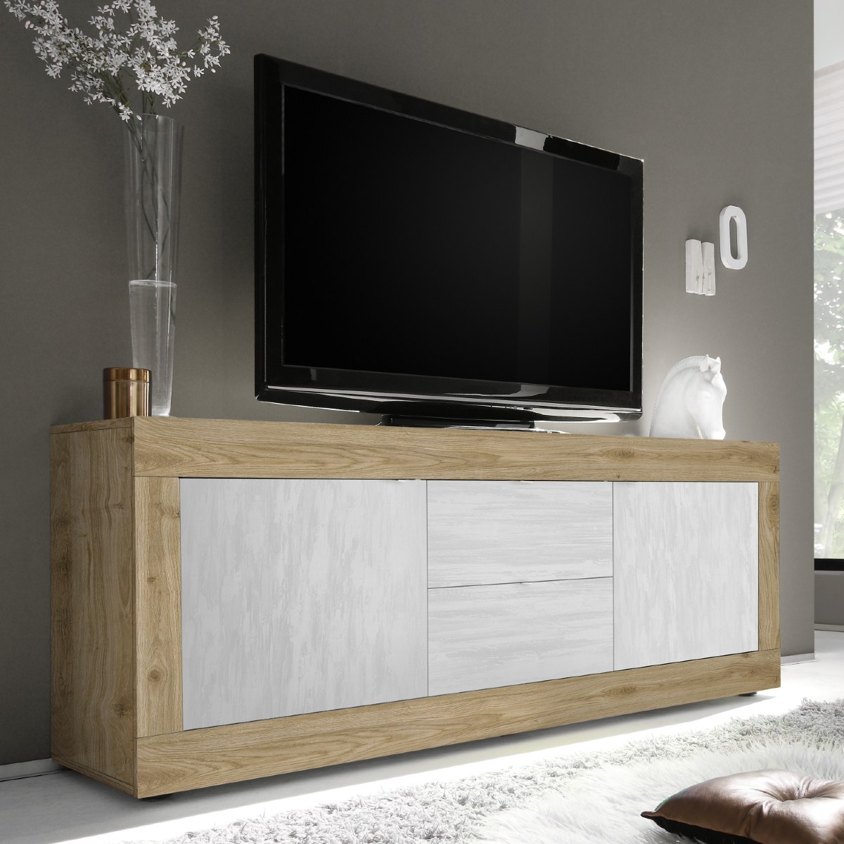 Meuble TV bois et blanc 2 portes - 2 tiroirs 210cm CALIA 2