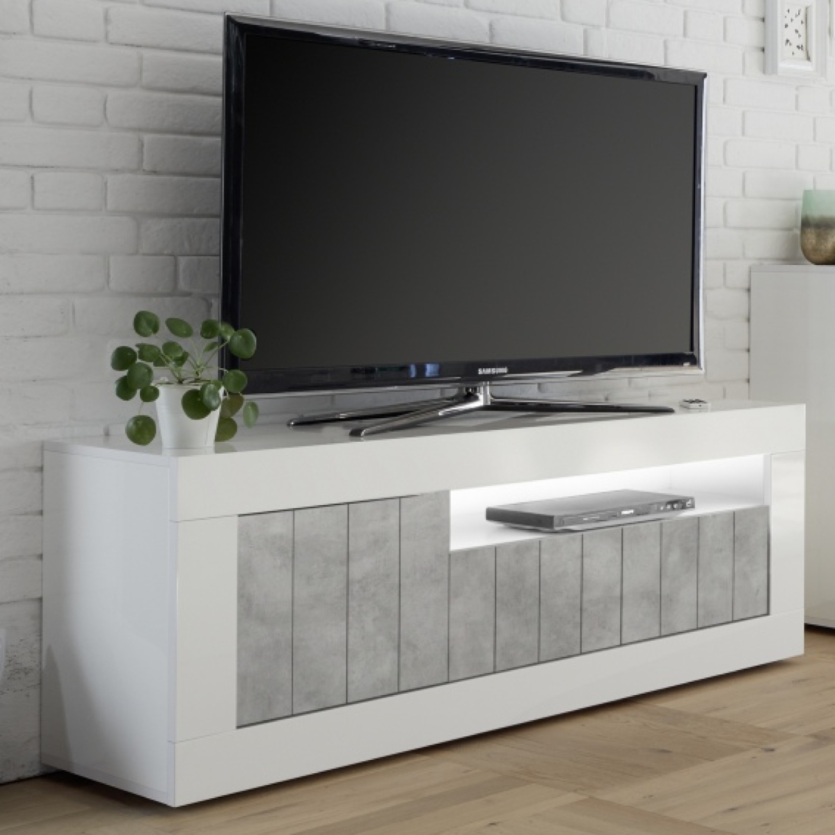 Meuble TV moderne blanc laqué et gris béton 3 portes 140cm NIO
