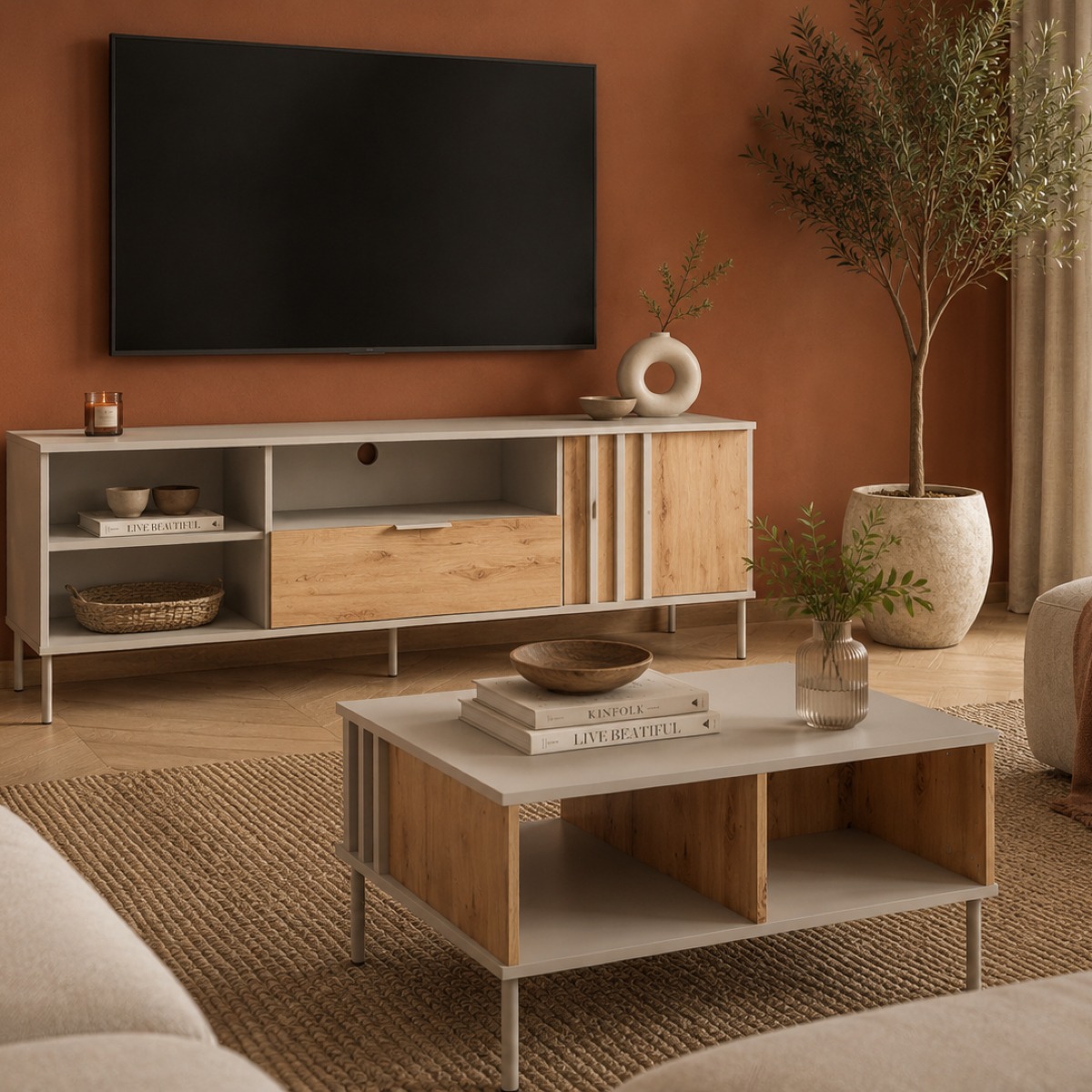 Table basse moderne cachemire et bois clair avec niches ouvertes