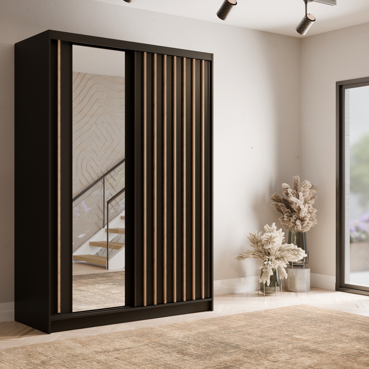 Armoire dressing 150 cm noir et bois avec miroir