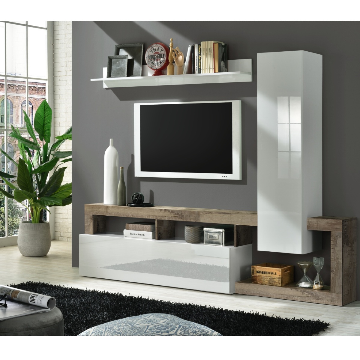 Ensemble tv mural laqué blanc et bois naturel 220cm GAMA