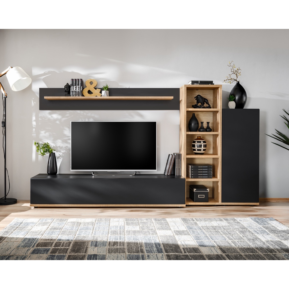 Ensemble TV mural moderne bois et noir KOZY