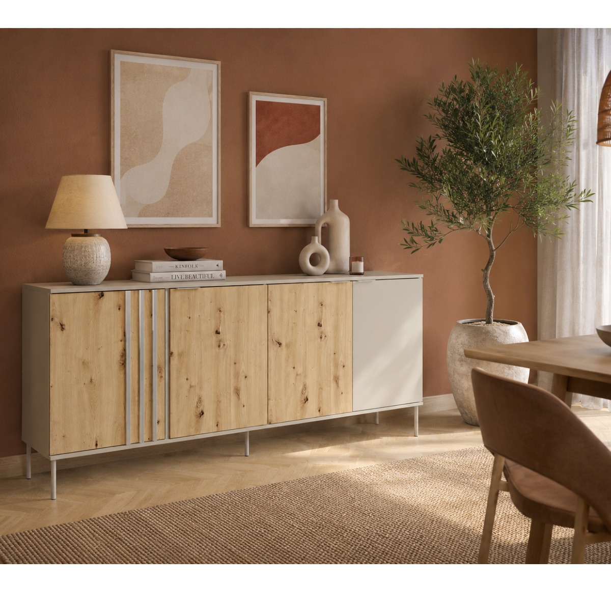 Buffet bas quatre portes cachemire et bois clair style moderne