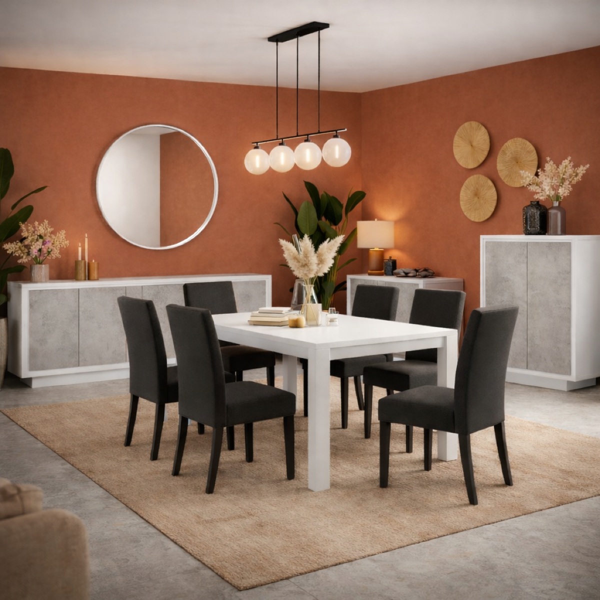 Salle à manger complète moderne blanc et gris ciment YORI