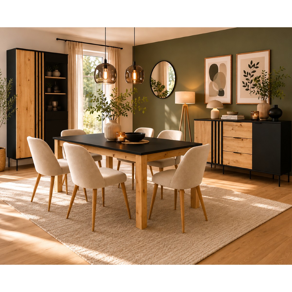 Salle à manger complète avec vitrine buffet et table 180 cm