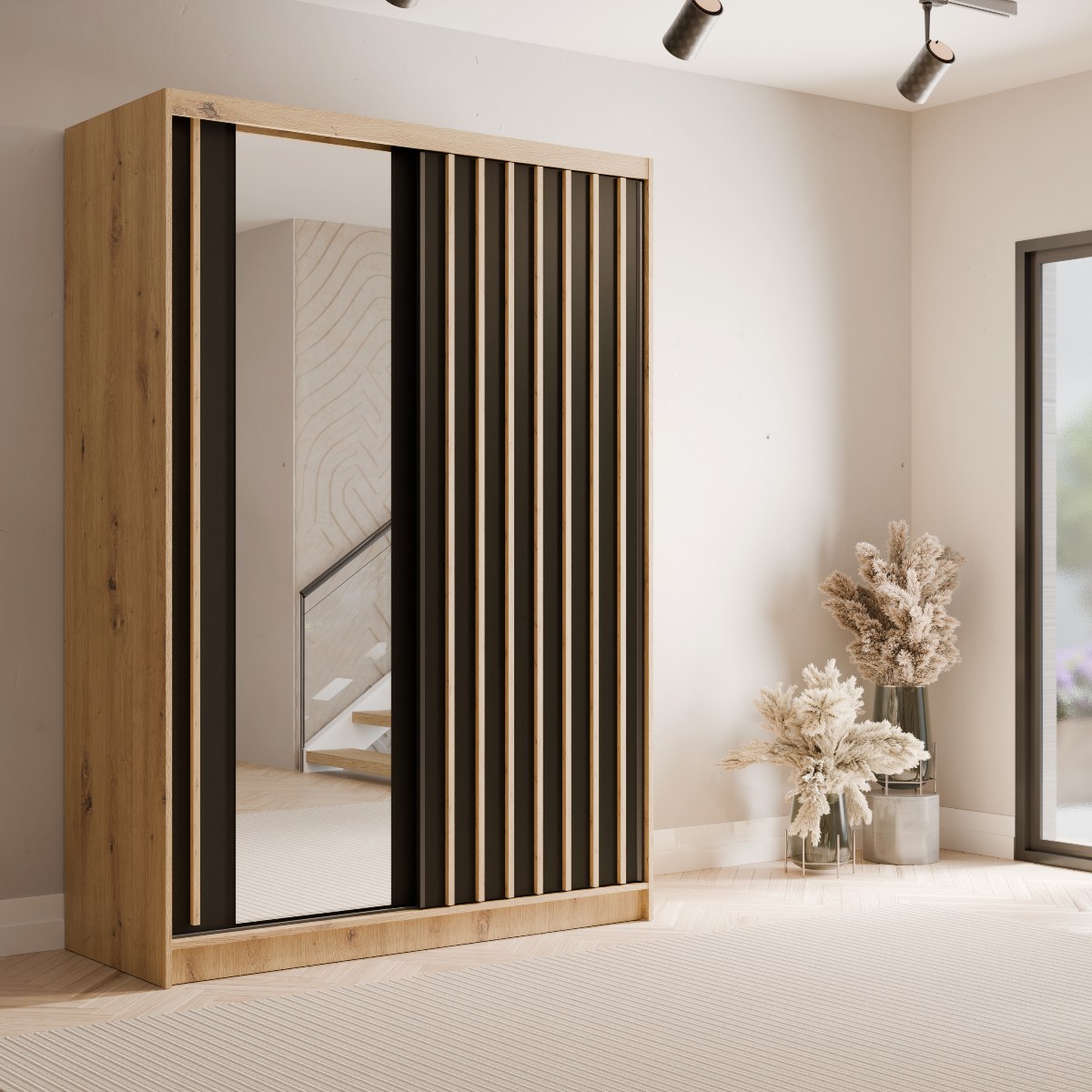 Armoire dressing 155 cm noir et bois avec miroir