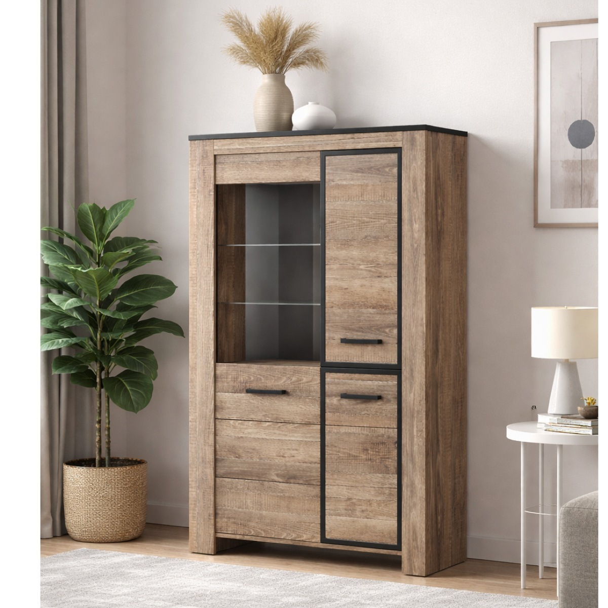 Argentier moderne en bois avec porte vitrée LED OLIVE