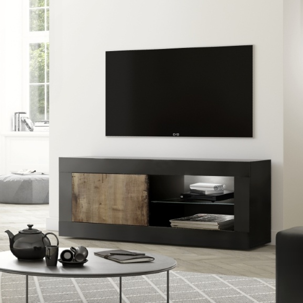 Meuble TV 1 porte - 2 niches noir et bois 140cm CALIA