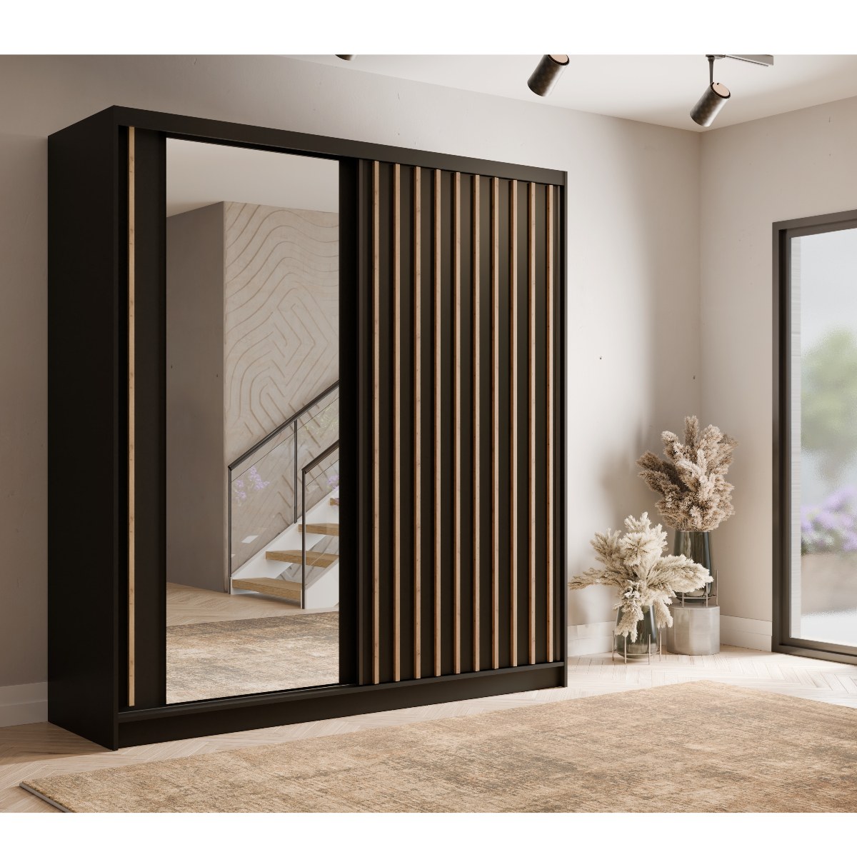 Armoire dressing coulissante noir et bois 205 cm