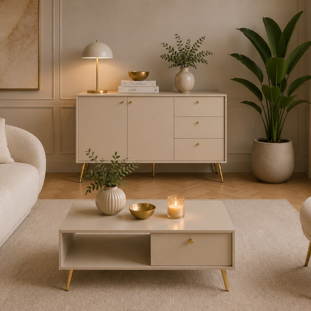 Table basse beige cachemire avec tiroir et pieds dorés dans un salon moderne chic