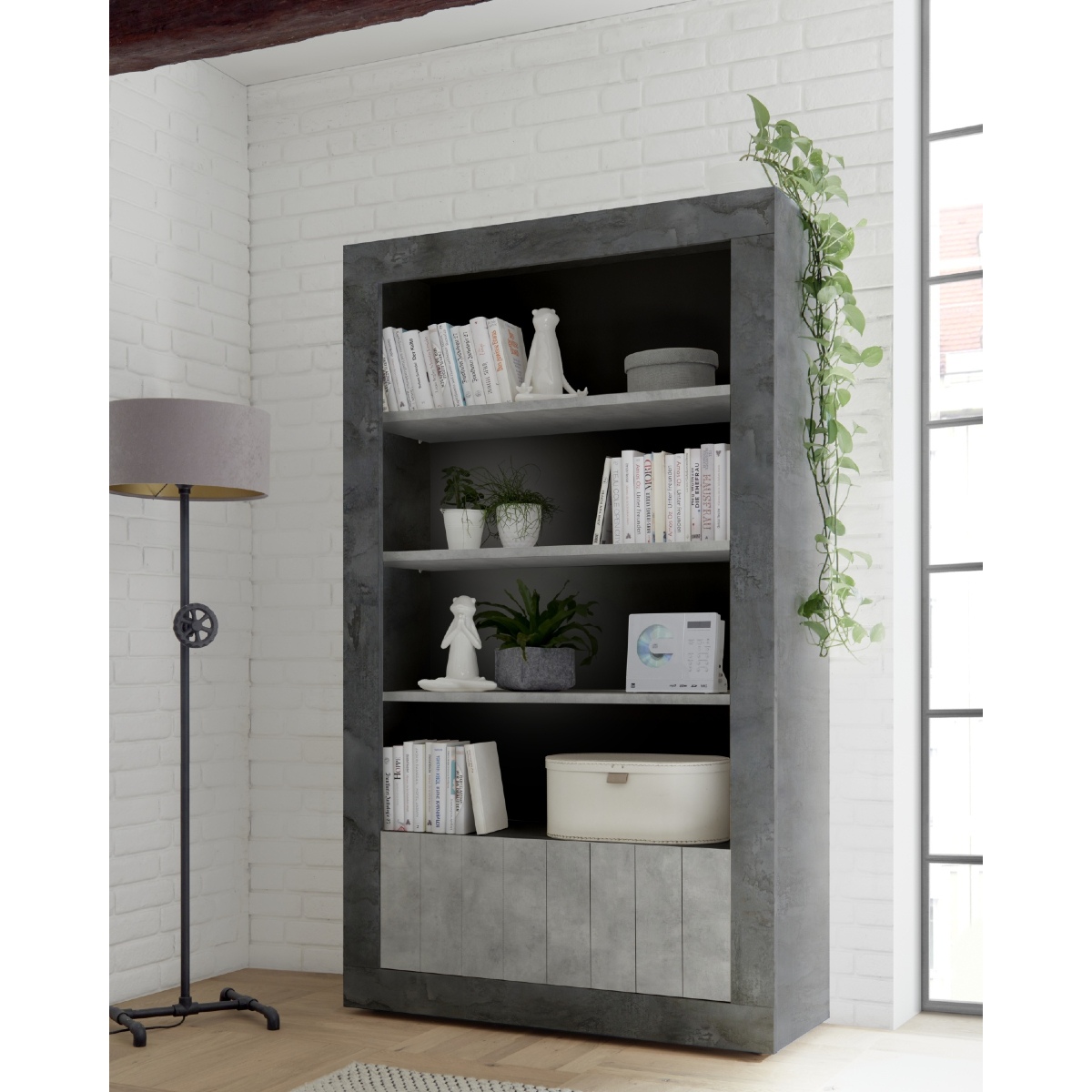 Bibliothéque moderne gris oxyde et gris béton 110cm NIO