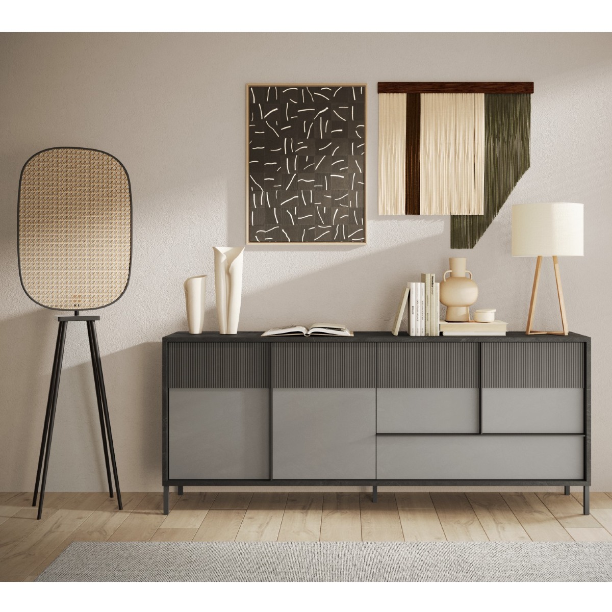 Buffet moderne 4 portes-1tiroir gris béton 210cm EZE