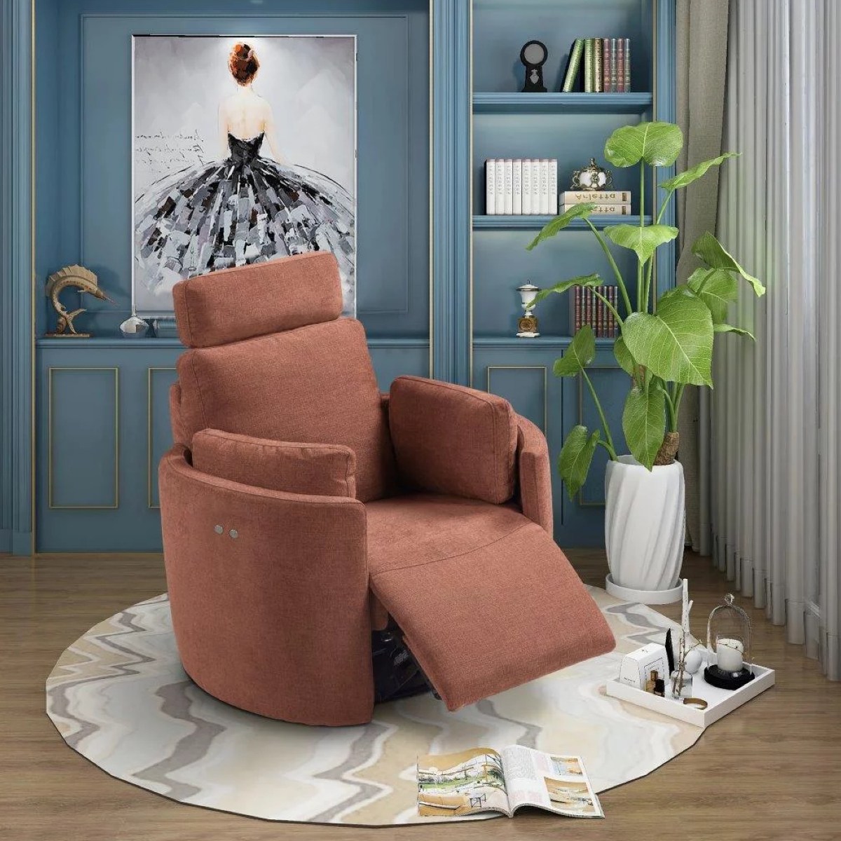 Fauteuil de salon moderne électrique avec fonction Rocking-chair en tissus terracotta JUSTIN