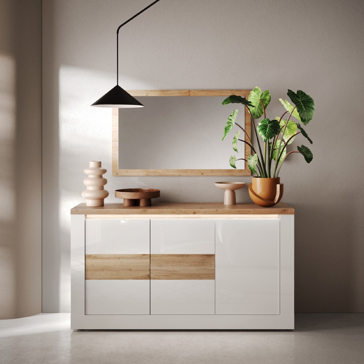 Buffet moderne 3 portes laqué blanc et bois 160cm ARIA