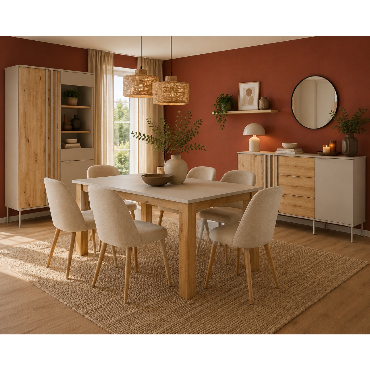 Salle à manger complète beige cachemire et bois avec buffet vitrine et table 180 cm