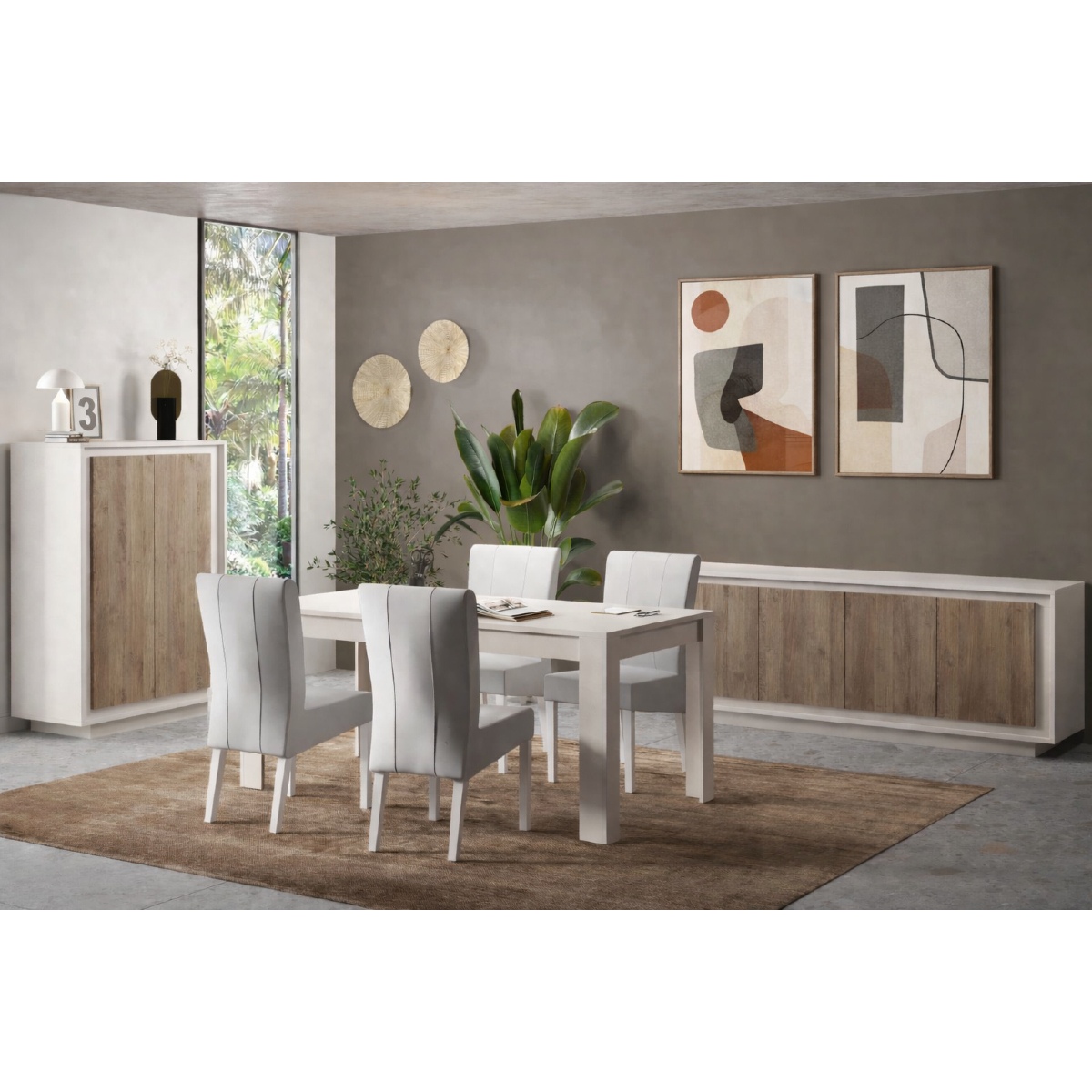 Salle à manger complète contemporaine beige et noyer YORI