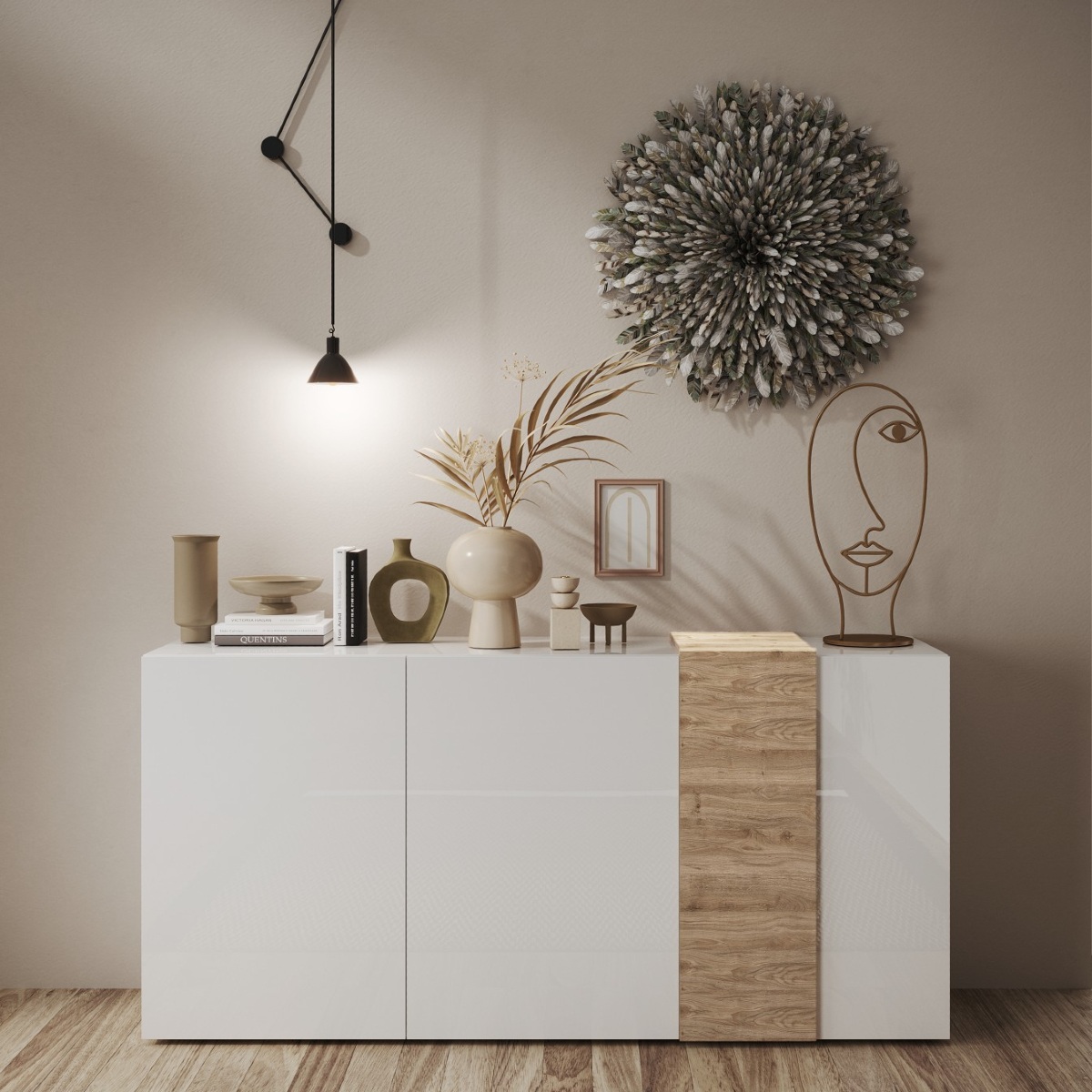 Buffet bas moderne blanc et bois 3 portes SIA