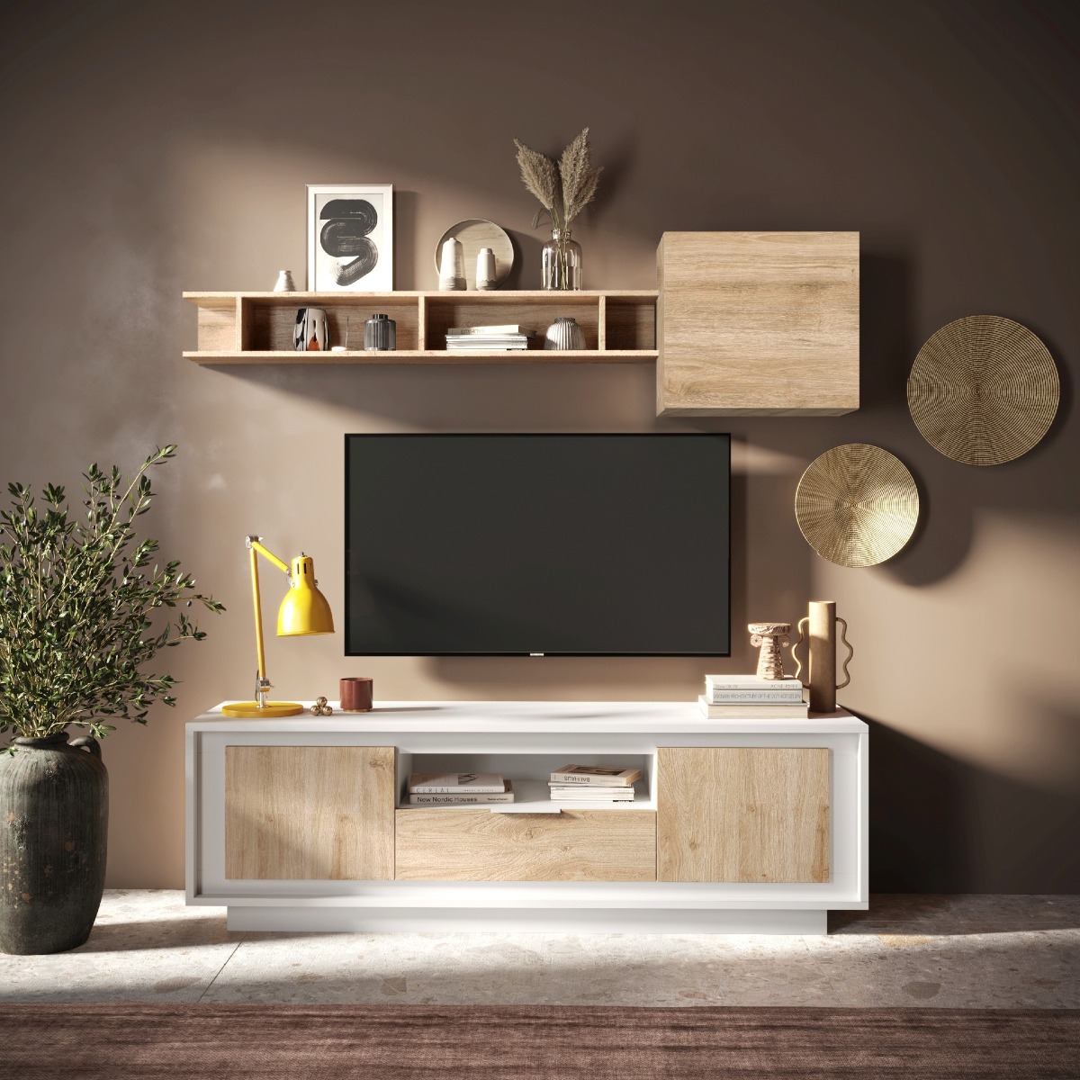Meuble tv contemporain 180cm blanc et bois clair YORI