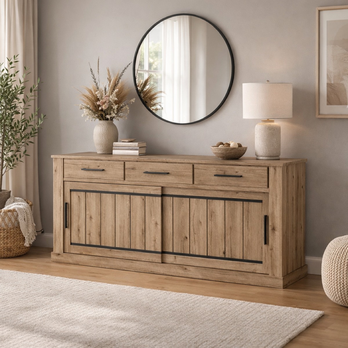 Buffet bas en bois 2 portes-3 tiroirs KAMELIA