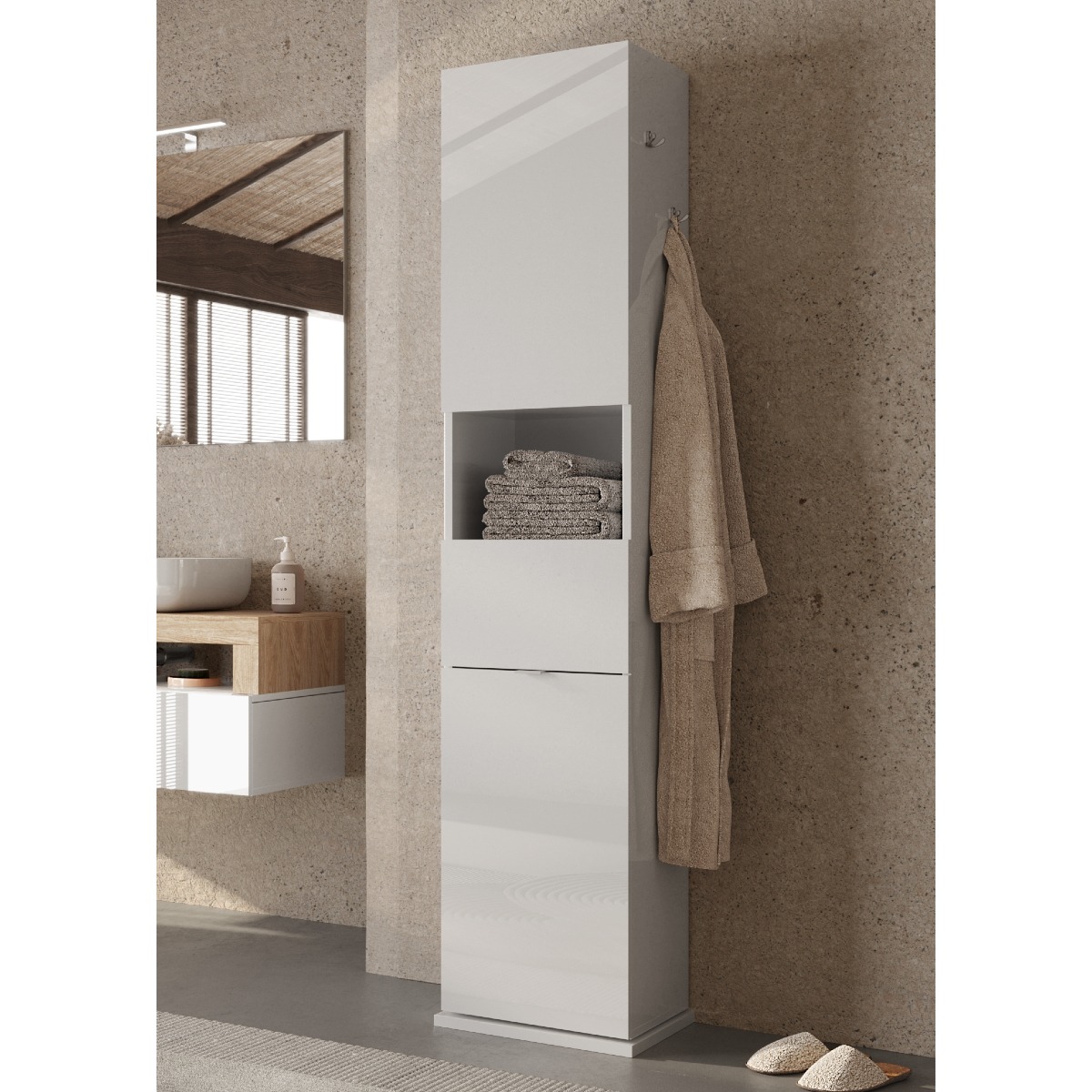 Colonne de salle de bain pivotante avec niche laqué blanc H190cm CALIA