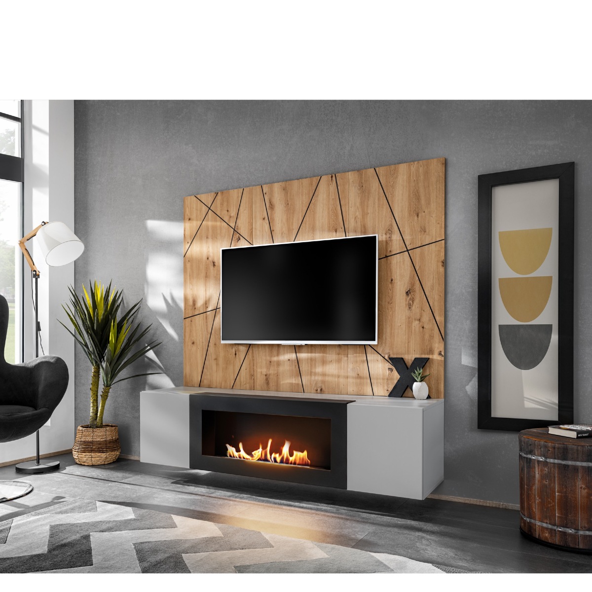 Meuble TV suspendu avec cheminée bois et gris GALIPOLI
