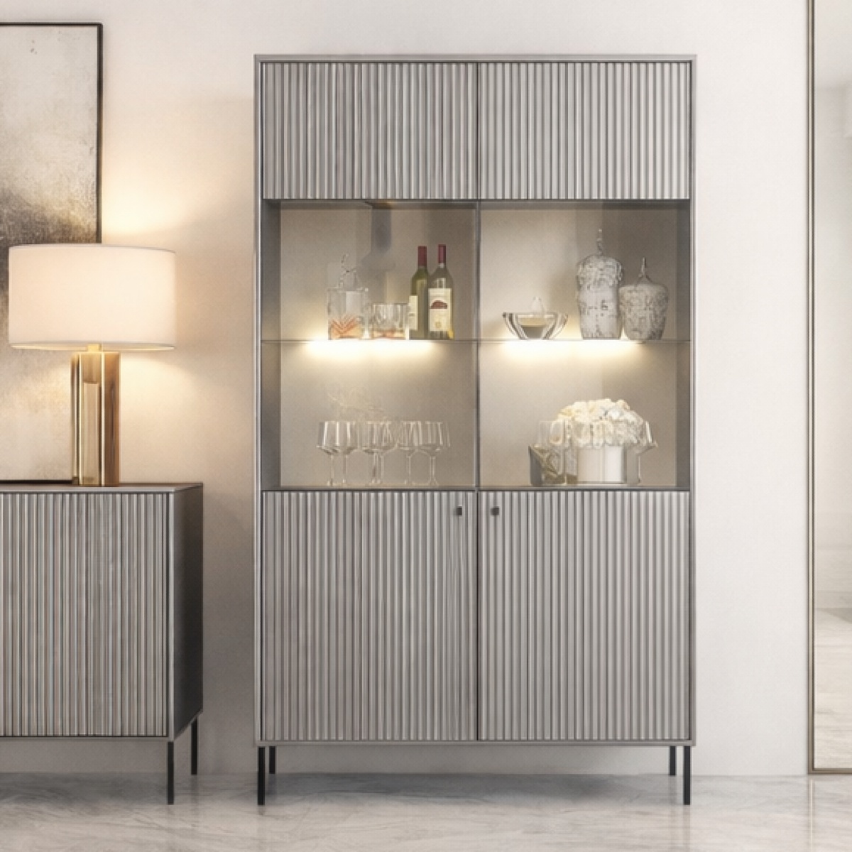 Vitrine moderne grise 2 portes vitrées SIMY